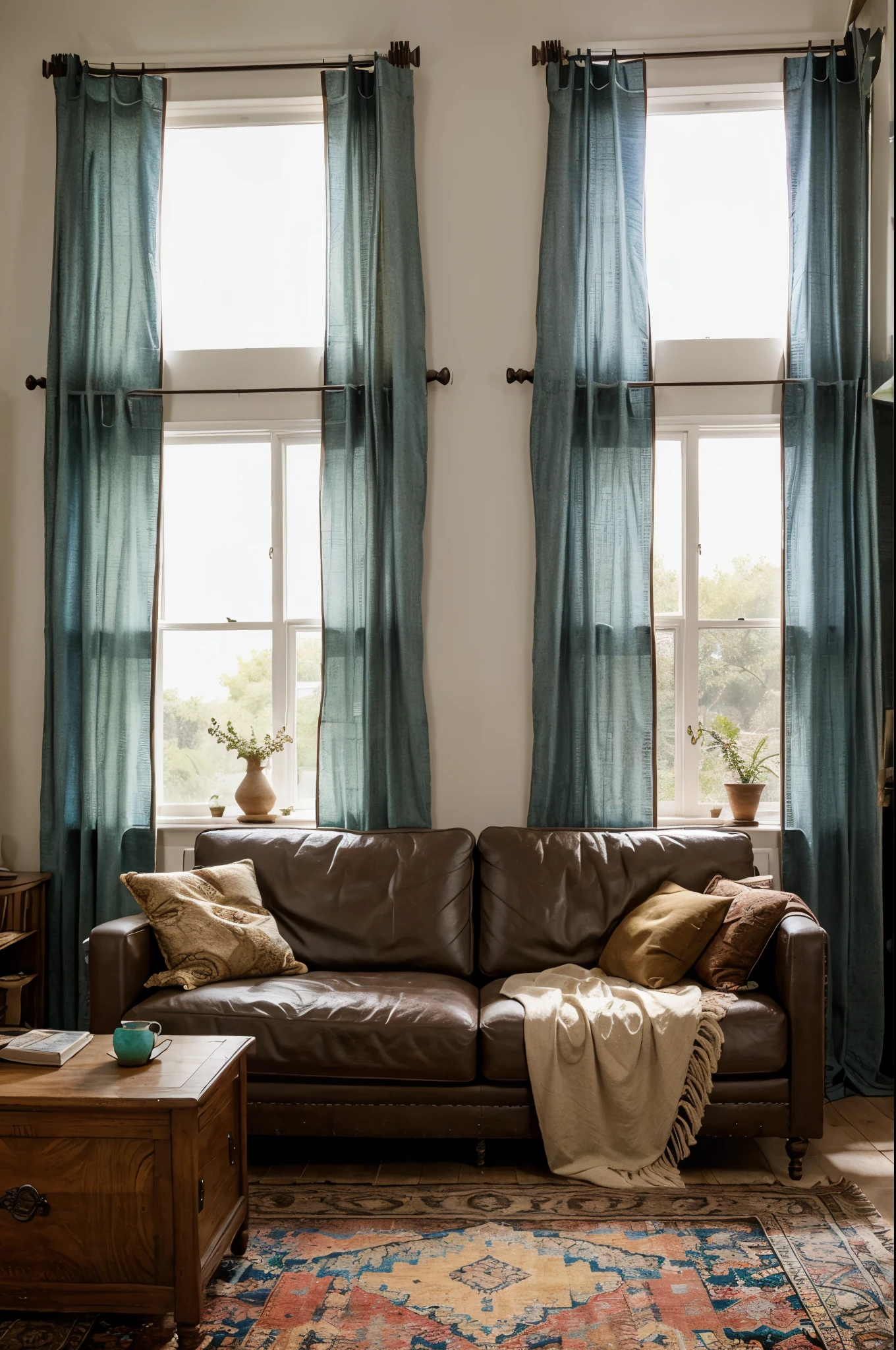 A living room with boho-patterned curtains hanging over large windows.