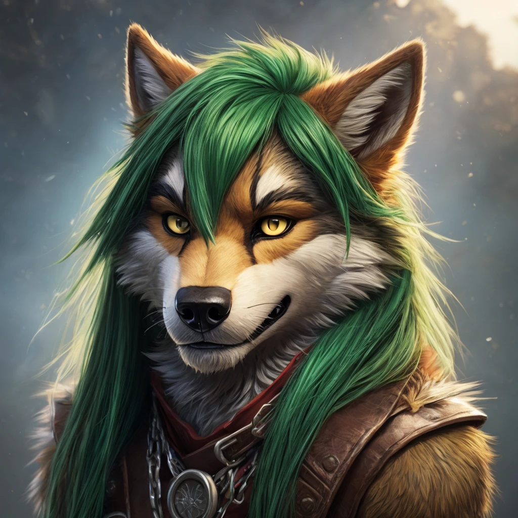 anthro green wolf with fur, man furry detailed fur long fur long hair realistic fur digital art, araffe with green hair and yellow eyes, headshot of young male furry, fursuit, furry fursona, furry character portrait, fursuit!!!!, pov furry art, furry artist, furry character, fursona!!!!, furry shot, holo is a wolf man, portrait of an anthro wolf, handsome weasel fursona portrait
