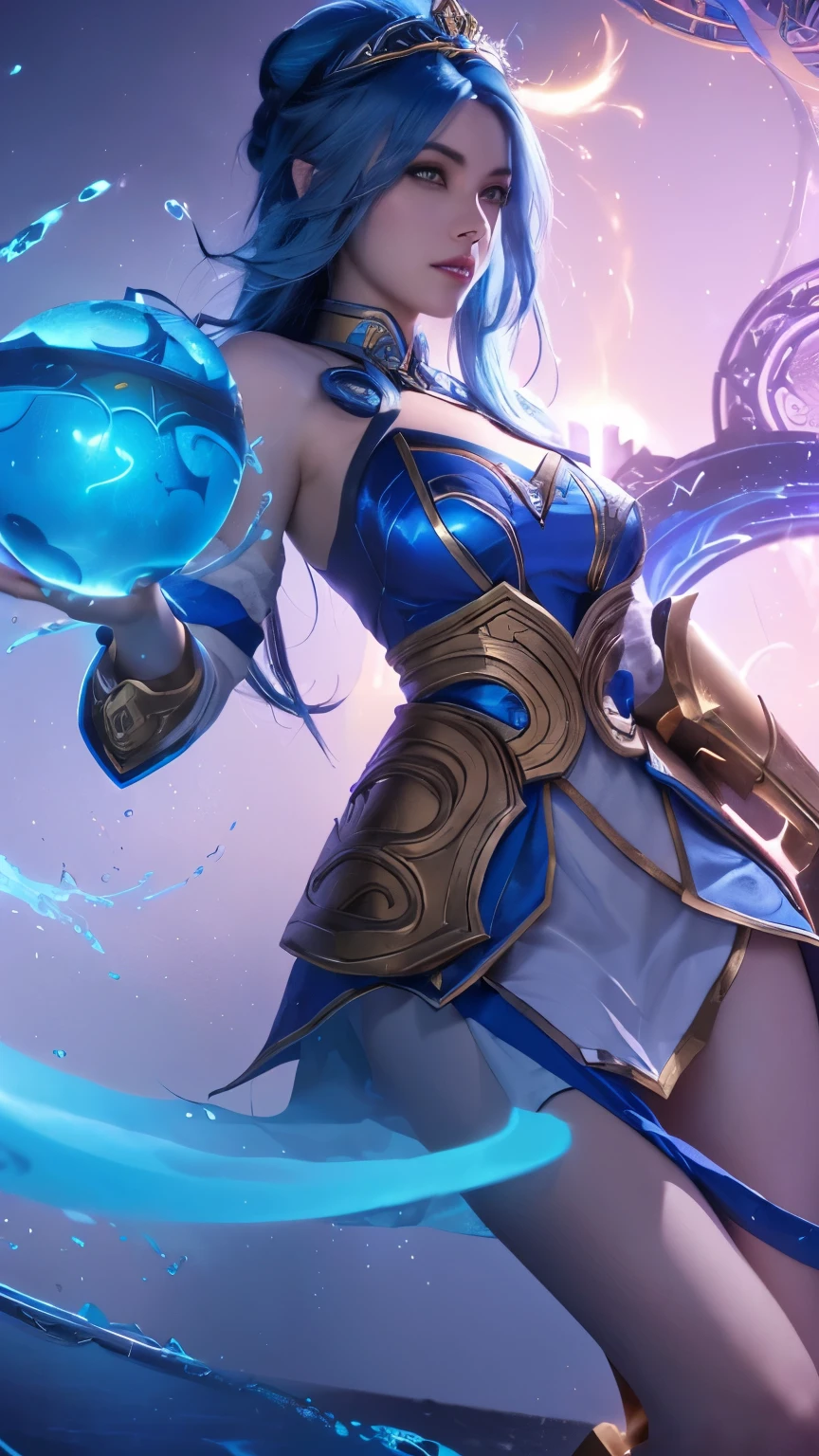 a close up of a woman with a blue and yellow hair holding a blue and ball, splash art, 8k hd wallpaperjpeg artifact, 8 k hd wallpaperjpeg artifact, official splash art, wallpaper splash art, lunox mlbb