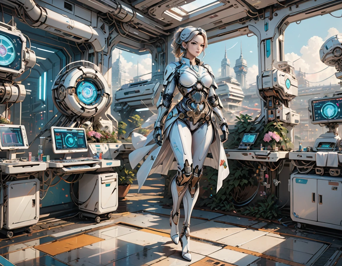 a picture of mech nurse in a futuristic hospital, exquisite beautiful nurse,  dynamic hair style, ((full body shot: 1.5)), ((anatomically correct: 1.5)), (ultra detailed face: 1.2), best detailed face, wearing white nurse robes, white pants, white high heels, delicate mechanical parts, she holds a syringe, cyberpunk hospital background, vibrant, Hyperrealism style, vibrant, Ultra-high resolution, High Contrast, (masterpiece:1.5), highest quality, Best aesthetics), best details, best quality, highres, ultra wide angle, 16k, [ultra detailed], masterpiece, best quality, (extremely detailed) RAW, 