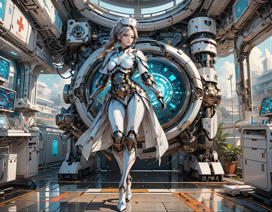 a picture of mech nurse in a futuristic hospital, exquisite beautiful nurse,  dynamic hair style, ((full body shot: 1.5)), ((anatomically correct: 1.5)), (ultra detailed face: 1.2), best detailed face, wearing white nurse robes, white pants, white high heels, delicate mechanical parts, she holds a syringe, cyberpunk hospital background, vibrant, Hyperrealism style, vibrant, Ultra-high resolution, High Contrast, (masterpiece:1.5), highest quality, Best aesthetics), best details, best quality, highres, ultra wide angle, 16k, [ultra detailed], masterpiece, best quality, (extremely detailed) RAW, 