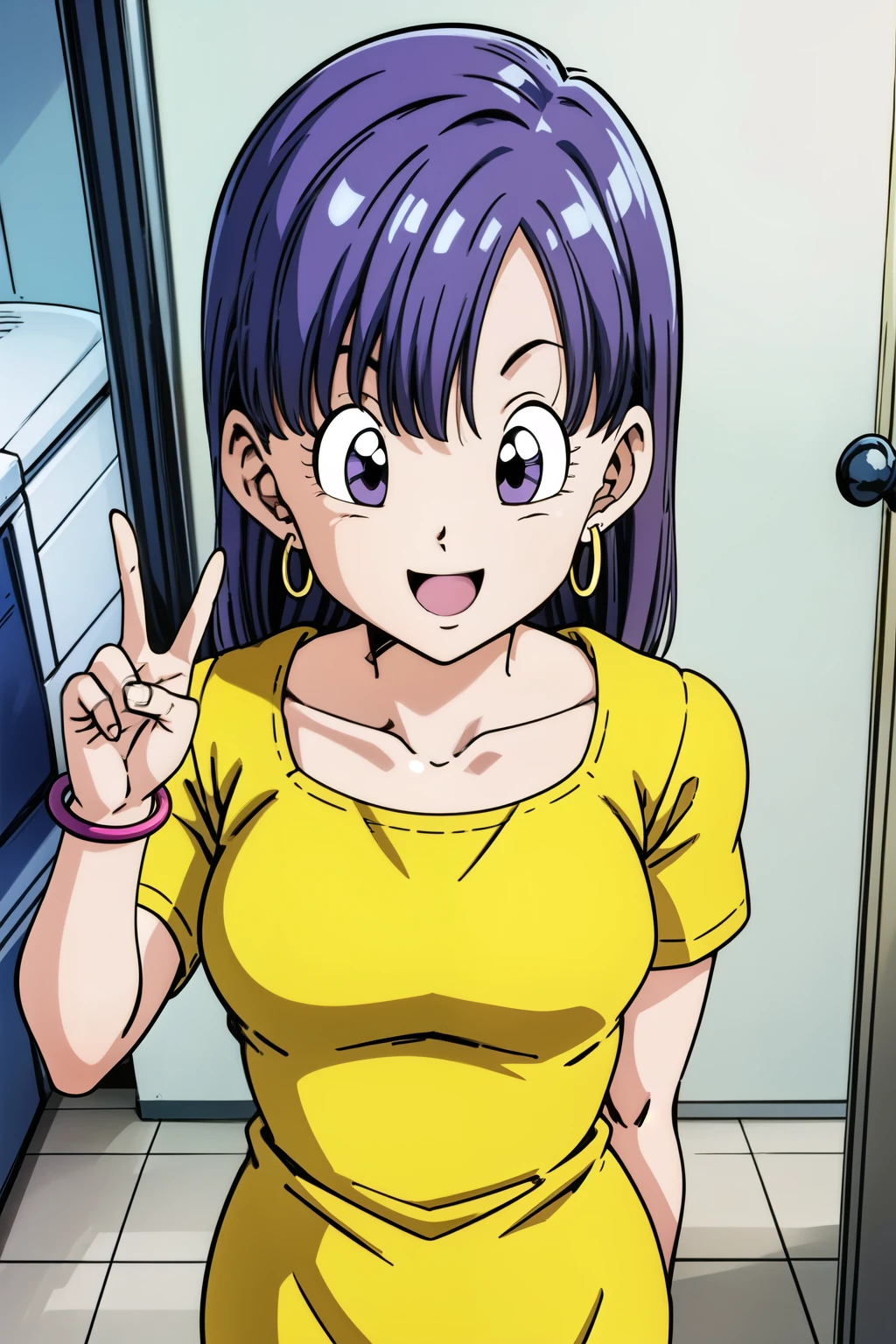 Buu Saga, Bloomers, One girl, alone, View your viewers, Semi-long hair, Brown eyes, 斜めFrom above, Holding, jewelry, From above, Upper Body, Purple Hair, peace sign, No sleeve, Short sleeve, indoor, bracelet, clock, hoop , Earrings, Yellow dress, smile, Open your mouth, Happy, lucky, wristclock