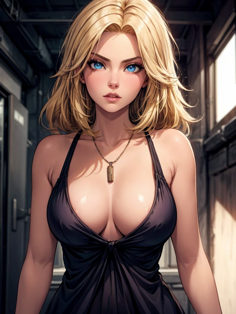 best quality, masterpiece, high resolution, A girl, blond, Blue eyes, fashion clothing, necklace, jewelry, Pretty Face, Perfect breasts, more than_Body, Tyndall effect, lifelike, Dark Studio, Side lighting, Two-color lighting, (HD Skin:1.2), 8k Ultra HD, Soft Light, high quality, Volumetric Lighting, frank, photography, high resolution, 8k, Bokeh, short depth of field,,
sultry look, seductive,