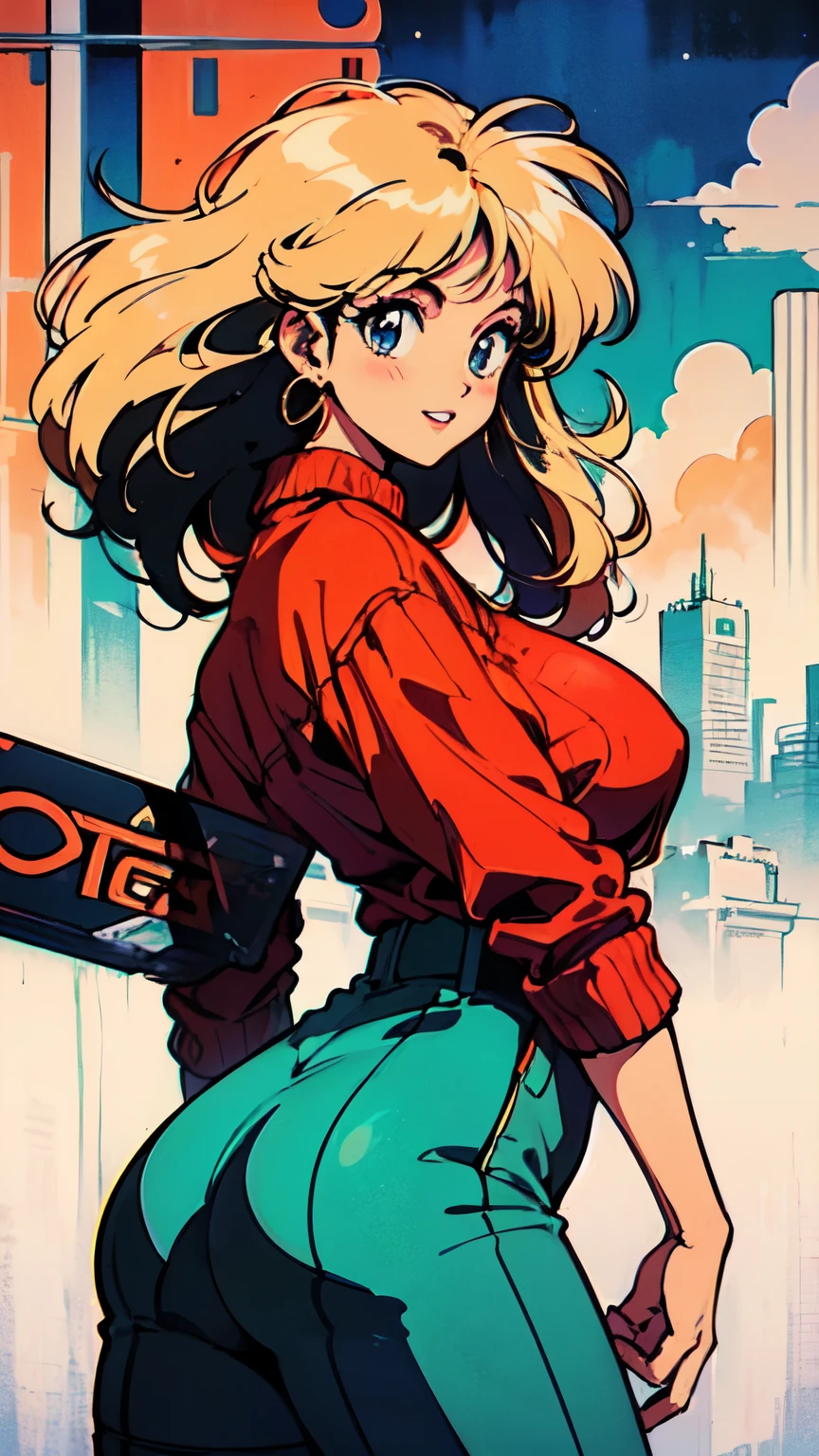 (80's, Retro, City Pop Poster:1.5), (Album cover), (masterpiece, Highest quality), (anime, figure),
Best Photo Poses, Dynamic Angle, Cowboy Shot, blonde Russian girl, 19 years old, Large Breasts, Wide Hips, Perky ass, Round ass,
girl, alone, smile, A perfect eye for detail, Delicate face, blue eyes,
High Fashion,
