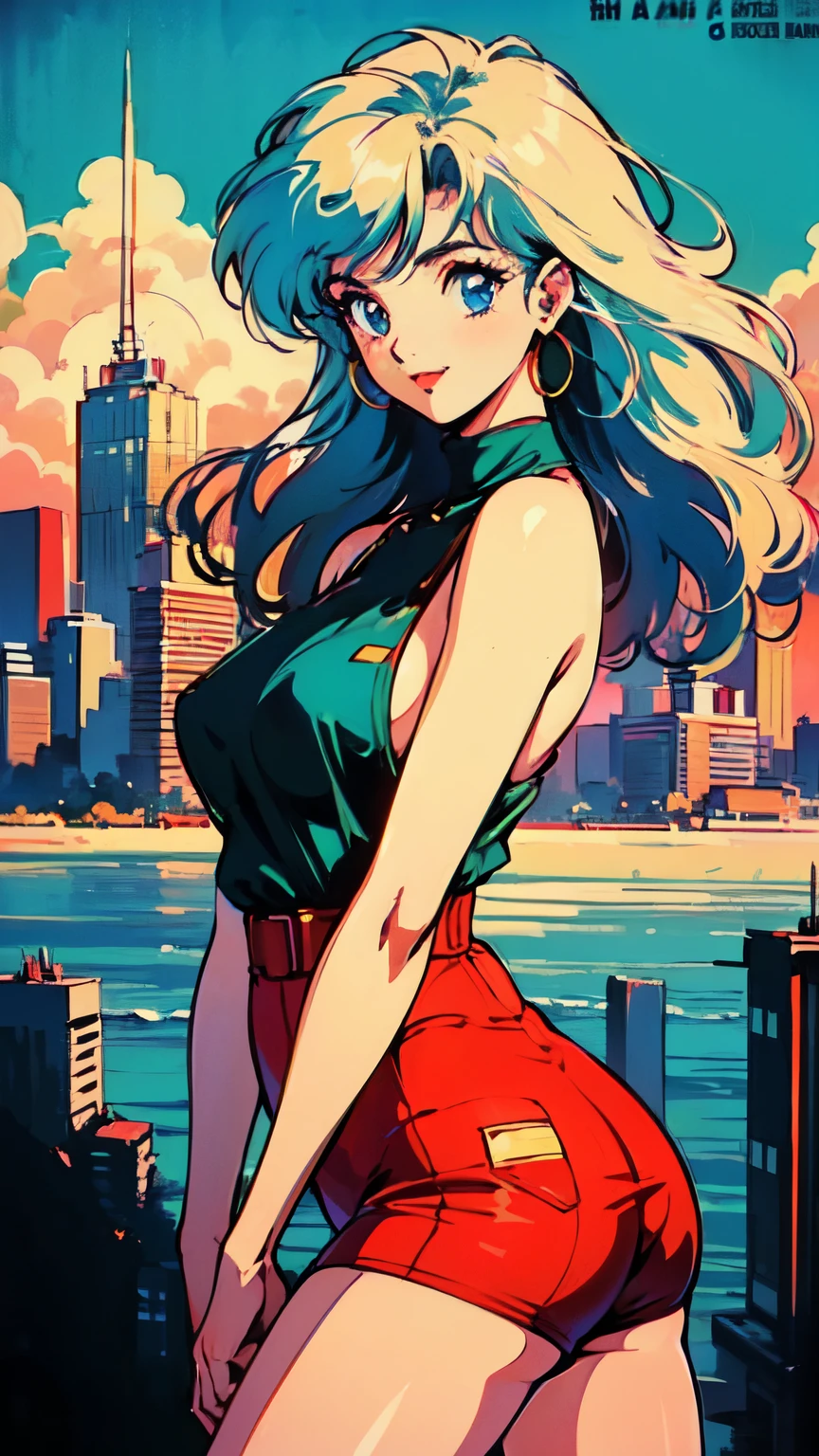 (80's, Retro, City Pop Poster:1.5), (Album cover), (masterpiece, Highest quality), (anime, figure), 
Best Photo Poses, Dynamic Angle, Cowboy Shot, blonde Russian girl, 19 years old, Large Breasts, Wide Hips, Perky ass, Round ass,
girl, alone, smile, A perfect eye for detail, Delicate face, blue eyes,
High Fashion, 