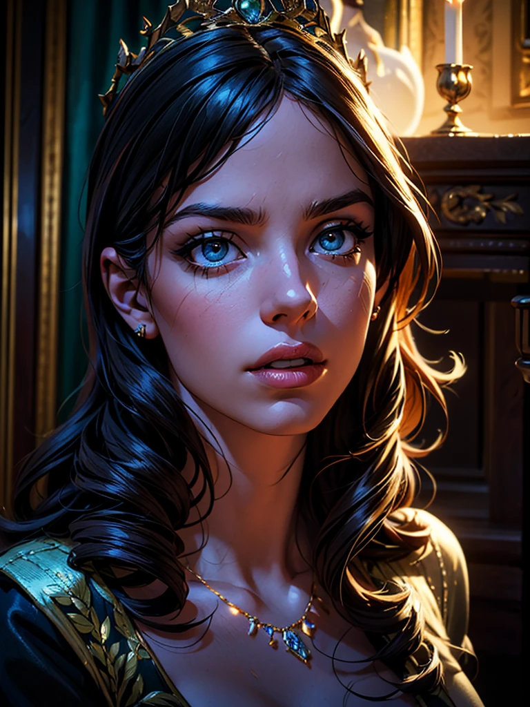 a beautiful detailed queen, regal expression, piercing eyes, elegant crown, ornate jeweled necklace, flowing royal gown, luxurious velvet, intricate embroidery, majestic pose, dramatic lighting, cinematic composition, fantasy digital art, highly detailed, photorealistic, 8k, (best quality,4k,8k,highres,masterpiece:1.2),ultra-detailed,(realistic,photorealistic,photo-realistic:1.37),dramatic lighting,moody colors,dramatic colors
 sultry look, seductive,
