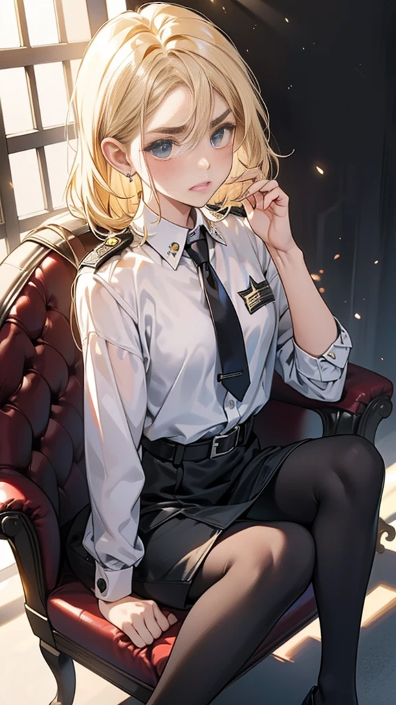 {{masterpiece}}, {{{Highest quality}}},{{Very detailed}},{{{from below}}}、View from below、Low - Angle,{{Blonde female police officer sitting on a chair}}Pencil skirt with slits,belt Black leggings,Black tights,Small breasts Black underwear、Thin legs long sleeve police uniform,Sitting in a chair in an office with a serious expression,Focus on legs{{{Sitting in a chair in an office with a serious expression成熟した女性}}},{{疲労でSweatをかいている成人女性}},Sweat,Hold the arm with one hand ,sit,{{Blushing}},{{V-shaped eyebrows}}},{{{}},{椅子にsit}},{},, ,{{}},,,{{}},{{}},,Slender body}}{{Female police officer}},,blush,Wrinkles ,amount,Grit your teeth,suffering,v-shaped eyebrows.,Sweat dripping ,get annoyed,,Inside the office,