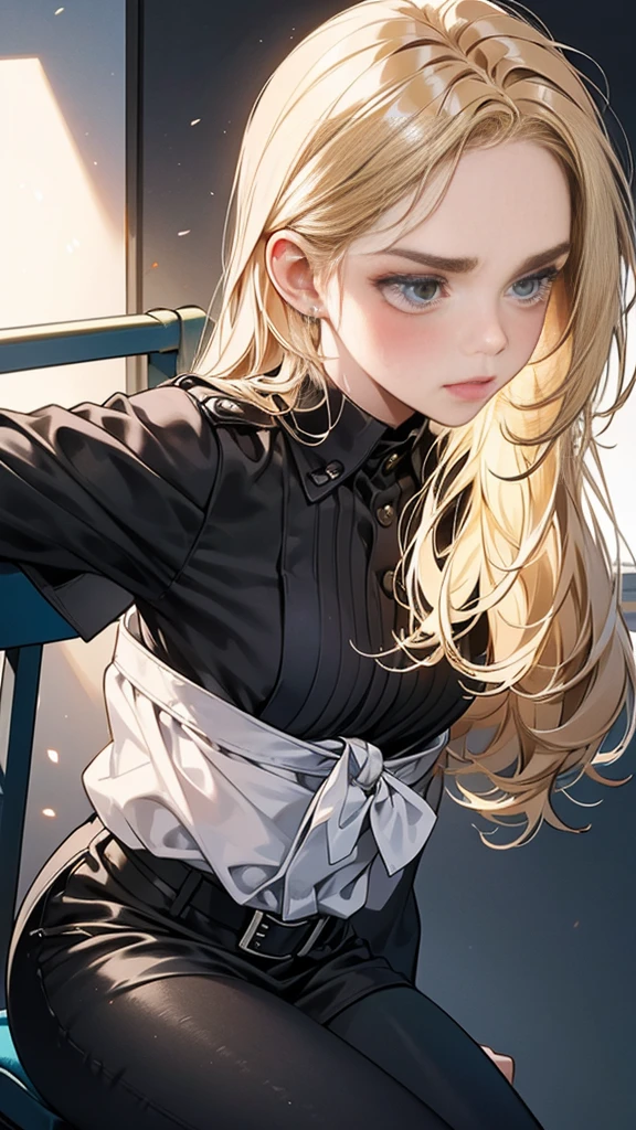 {{masterpiece}}, {{{Highest quality}}},{{Very detailed}},｛{{from below}}｝、View from below、Low - Angle,{{Blonde female police officer sitting on a chair}}Pencil skirt with slits,belt　Black leggings,Black tights,Small breasts　Black underwear、Thin legs　long sleeve police uniform,Sitting in a chair in an office with a serious expression,Focus on legs｛{{Sitting in a chair in an office with a serious expression成熟した女性}}｝,{{疲労でSweatをかいている成人女性}},Sweat,Hold the arm with one hand　,sit,{{Blushing}},{{V-shaped eyebrows}}},{{{}},{椅子にsit}},{},, ,{{}},,,{{}},{{}},,Slender body}}{{Female police officer}},,blush,Wrinkles ,amount,Grit your teeth,suffering,v-shaped eyebrows.,Sweat dripping ,get annoyed,,Inside the office,