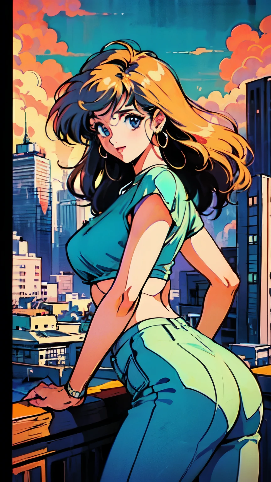 (80's, Retro, City Pop Poster:1.5), (Album cover), (masterpiece, Highest quality), (anime, figure), 
Best Photo Poses, Dynamic Angle, Cowboy Shot, blonde Russian girl, 19 years old, Large Breasts, Wide Hips, Perky ass, Round ass,
girl, alone, smile, A perfect eye for detail, Delicate face, blue eyes,
High Fashion, 