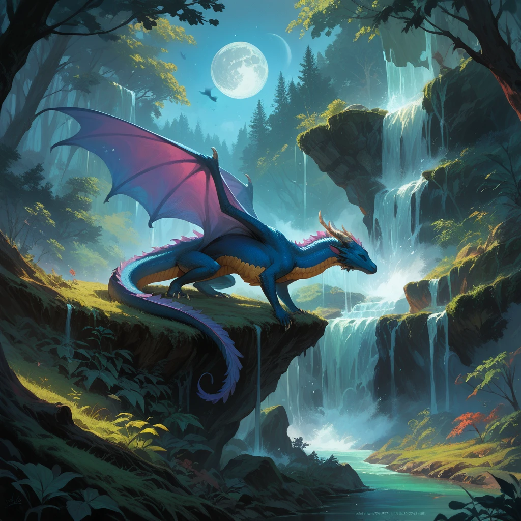 (A European dragon with wings sleeping in front of a forest waterfall ), solo, waterfall, moon mystical creature, realistic, ultra detailed, dynamic pose, moonlit night, detailed forest background, vegetation in the foreground