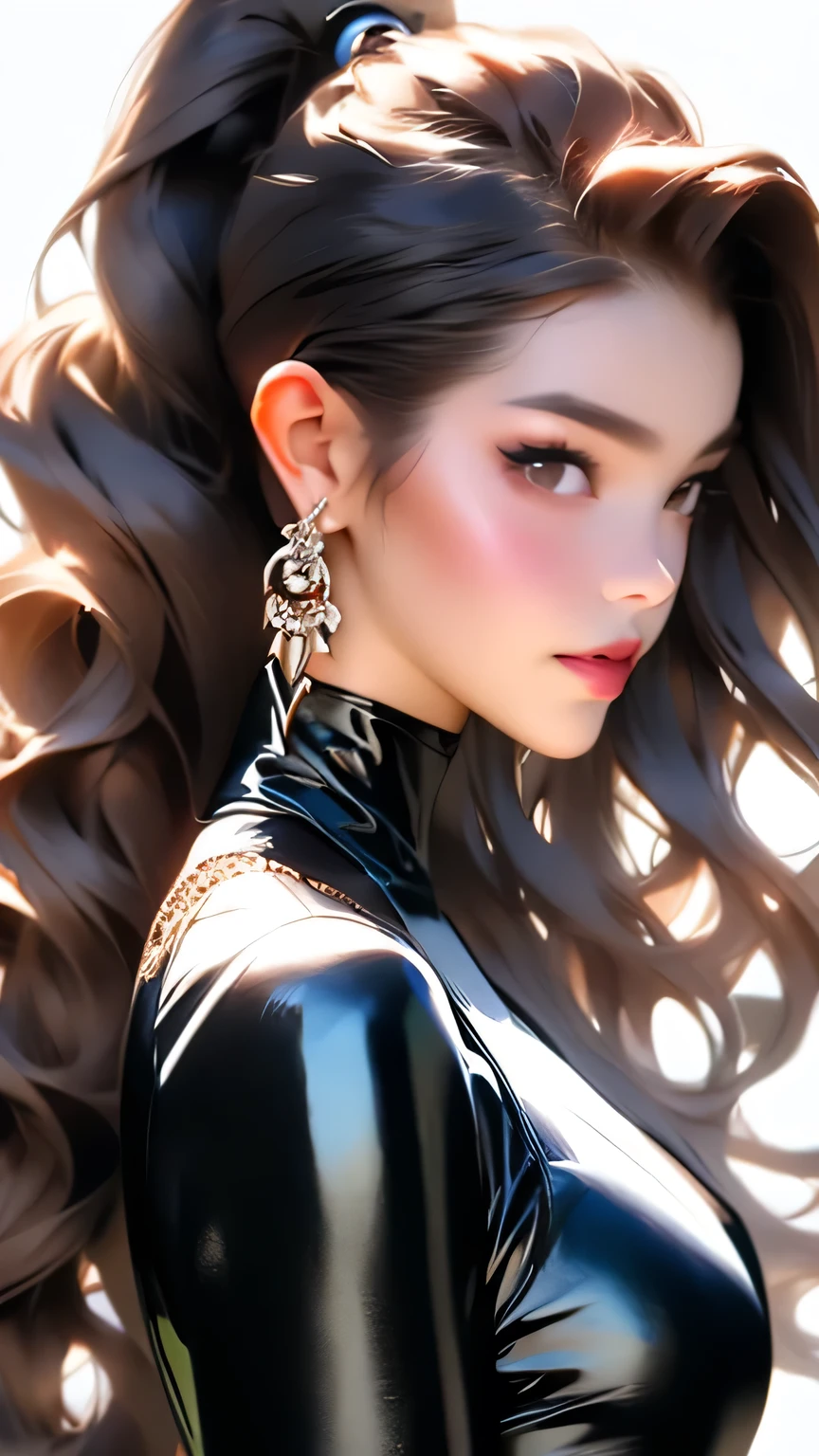 Beautiful woman with good style, (Black latex leotard), detailed, 8k、detailedな顔, detailedな体, detailedな髪, detailedな目で、(Long Wavy Hair:ponytail)、masterpiece, 最high quality, high quality, High resolution, (Jungle Background), (((Face close-up)))、Face close-up