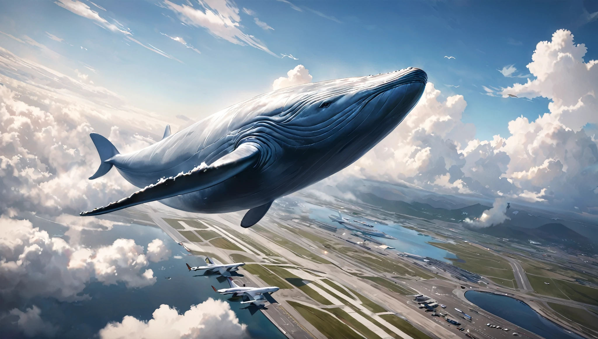 Blue whale flying in the sky, Aesthetic Moby Dick, dynamic, Splash-like clouds, BREAK Above the runway at the airport, (Realistic, Realistic photos:1.37, Photorealistic),
