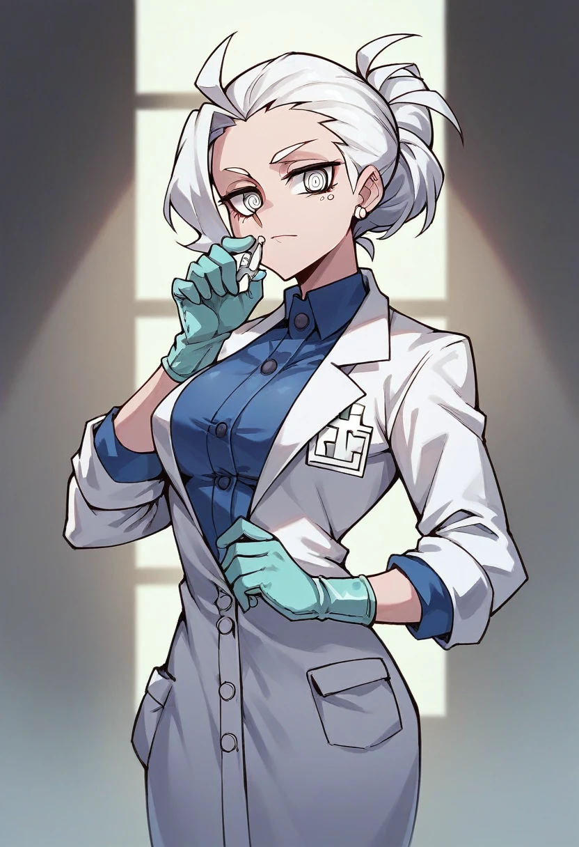 1girl, zdrada \(helltaker\), ((blue medical gloves)), ((surgical gloves)), ((latex gloves)), ((long sleeves)), looking at viewer, ((white doctor outfit)), standing, solo