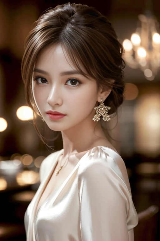 masterpiece, Highest quality, Realistic, Very detailed, Finer details, High resolution, 8k wallpaper, One beautiful woman, Wear an elegant silk blouse, In a great restaurant, At night, Light brown messy hair, Perfect dynamic composition, Beautiful and beautiful eyes、Big earrings