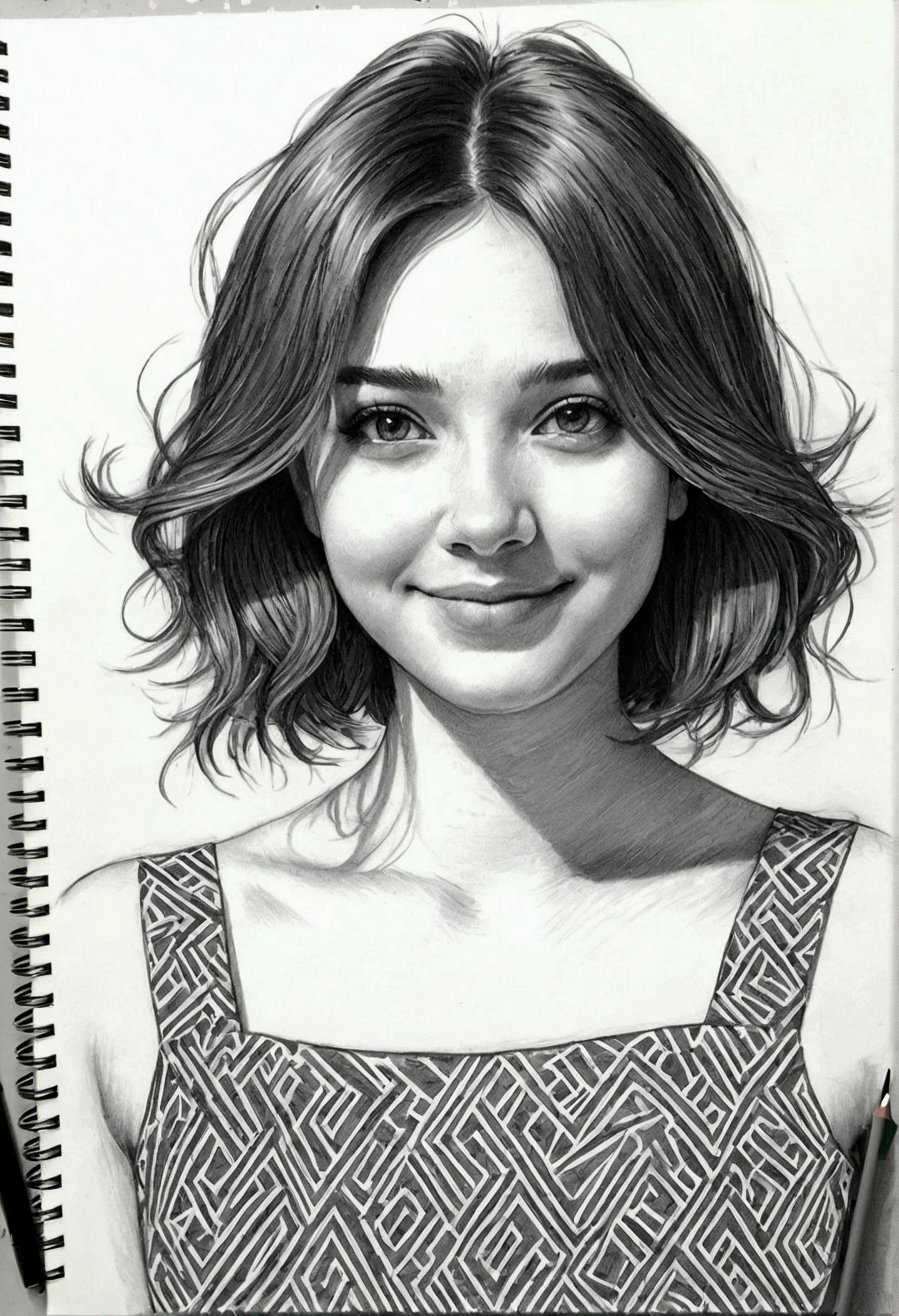 beautiful woman, smile,  sundress,  defined black lines, 1girl,cute ,pose Look out, lean to one side ,  solo, agua, chica abrazando tulipanes, fondo simple, fondo blanco, monocromo, lineart, ((sketch)),((high quality, masterpiece:1.4)), 1girl, ((upper body)), portrait sketch, messy drawing, messy charcoal spots, unfinished sketch, sketchbook charcoal style drawing of a woman, sketchbook drawing, sketchbook, beautiful hair, medium short hair, beautiful face, symmetrical face, symmetrical eyes, ((paper material background)), realistic charcoal lines, imperfect drawing, charcoal crumbs, charcoal lines, imperfection, fading sketch, sQueratogray Sketch (eddiemauro-mix)