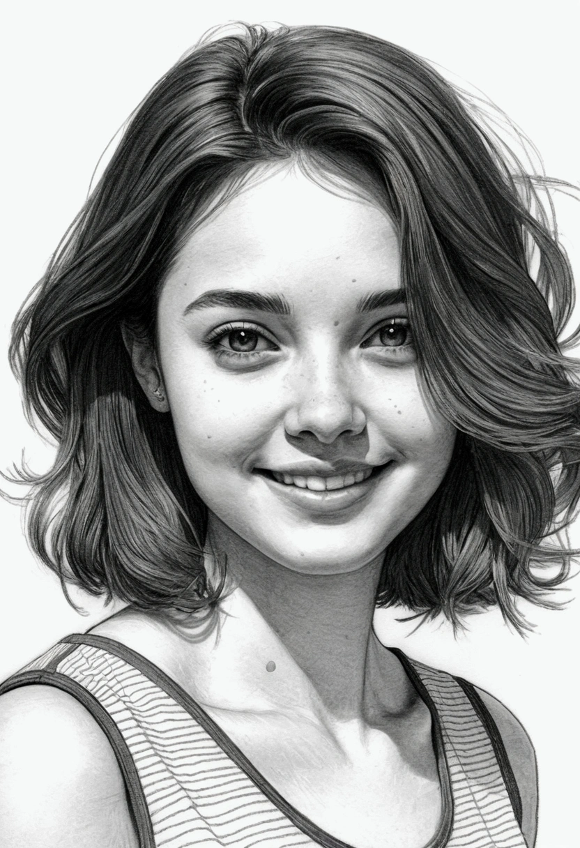 beautiful woman, smile,  sundress,  defined black lines, 1girl,cute ,pose Look out, lean to one side ,  solo, agua, chica abrazando tulipanes, fondo simple, fondo blanco, monocromo, lineart, ((sketch)),((high quality, masterpiece:1.4)), 1girl, ((upper body)), portrait sketch, messy drawing, messy charcoal spots, unfinished sketch, sketchbook charcoal style drawing of a woman, sketchbook drawing, sketchbook, beautiful hair, medium short hair, beautiful face, symmetrical face, symmetrical eyes, ((paper material background)), realistic charcoal lines, imperfect drawing, charcoal crumbs, charcoal lines, imperfection, fading sketch, sQueratogray Sketch (eddiemauro-mix)