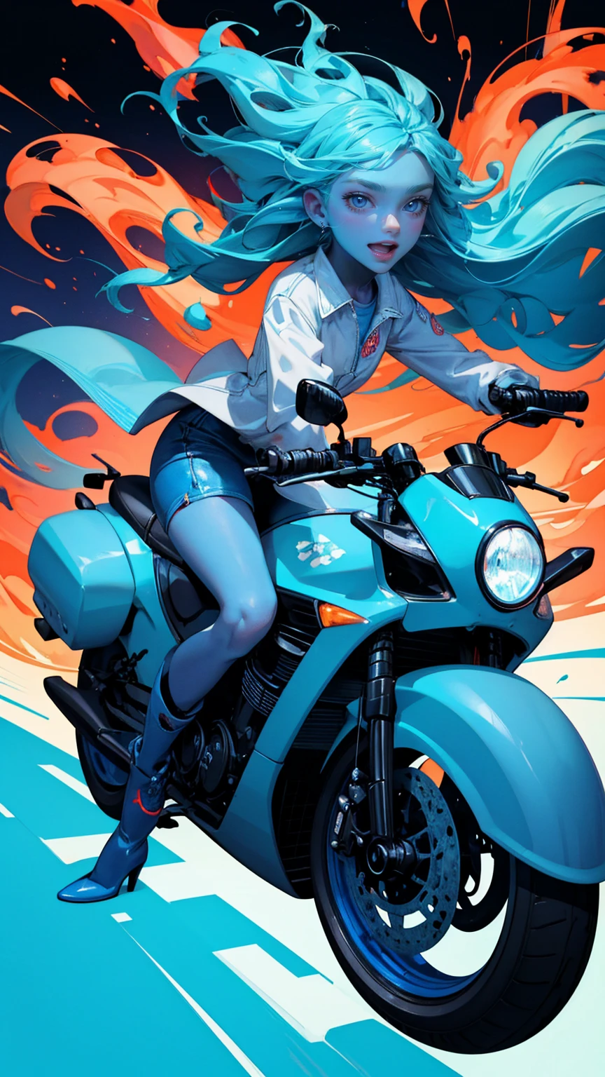 A girl driving an electric car with flames, laughing and making funny faces featuring ghostly figures, blue skin tones,. The background is a colorful scene with a red hot wheels logo on it. A playful monster riding behind them adds to its humor. The scene is rendered in the style of realistic hyper-detailed rendering, with a colorful cartoonish design, blue fire, and cute and dreamy illustrations. It has bold lines and exaggerated shapes, creating a vibrant atmosphere.