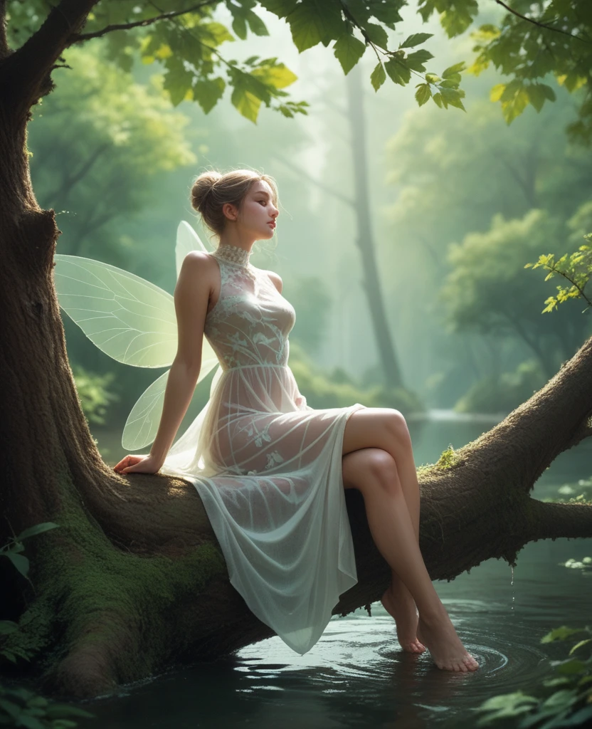 Fairies playing at the waterfront、See-through dress、Relaxing by sitting on a fallen tree