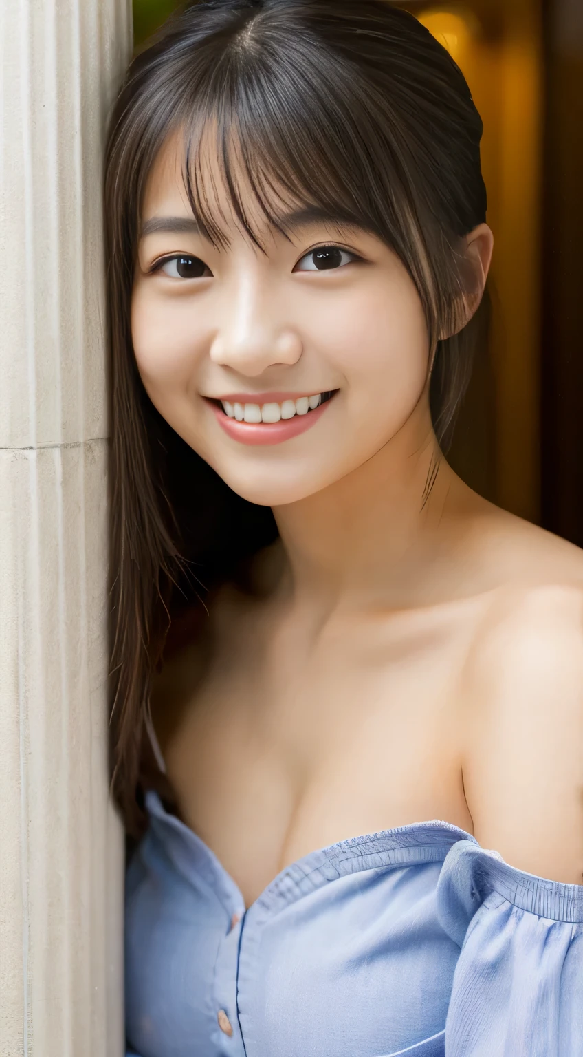 masterpiece,best quality,(Japanese girl),((Beautiful girl)),cleavage,(off shoulder:1.2),(perfect body beauty:1.2),(shy smile),beautiful teeth,From slightly above