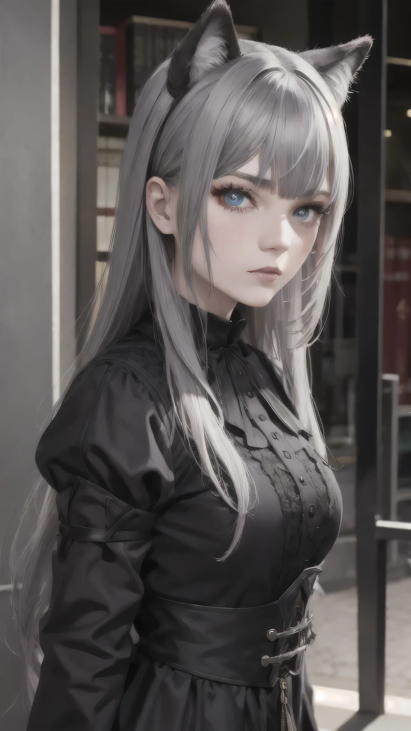 One Girl, Multicolored Hair, (Black and gray hair),Mullet, Wolf,black gothic dress,Detailed eyes,Heterochromia iridis,Realistic,