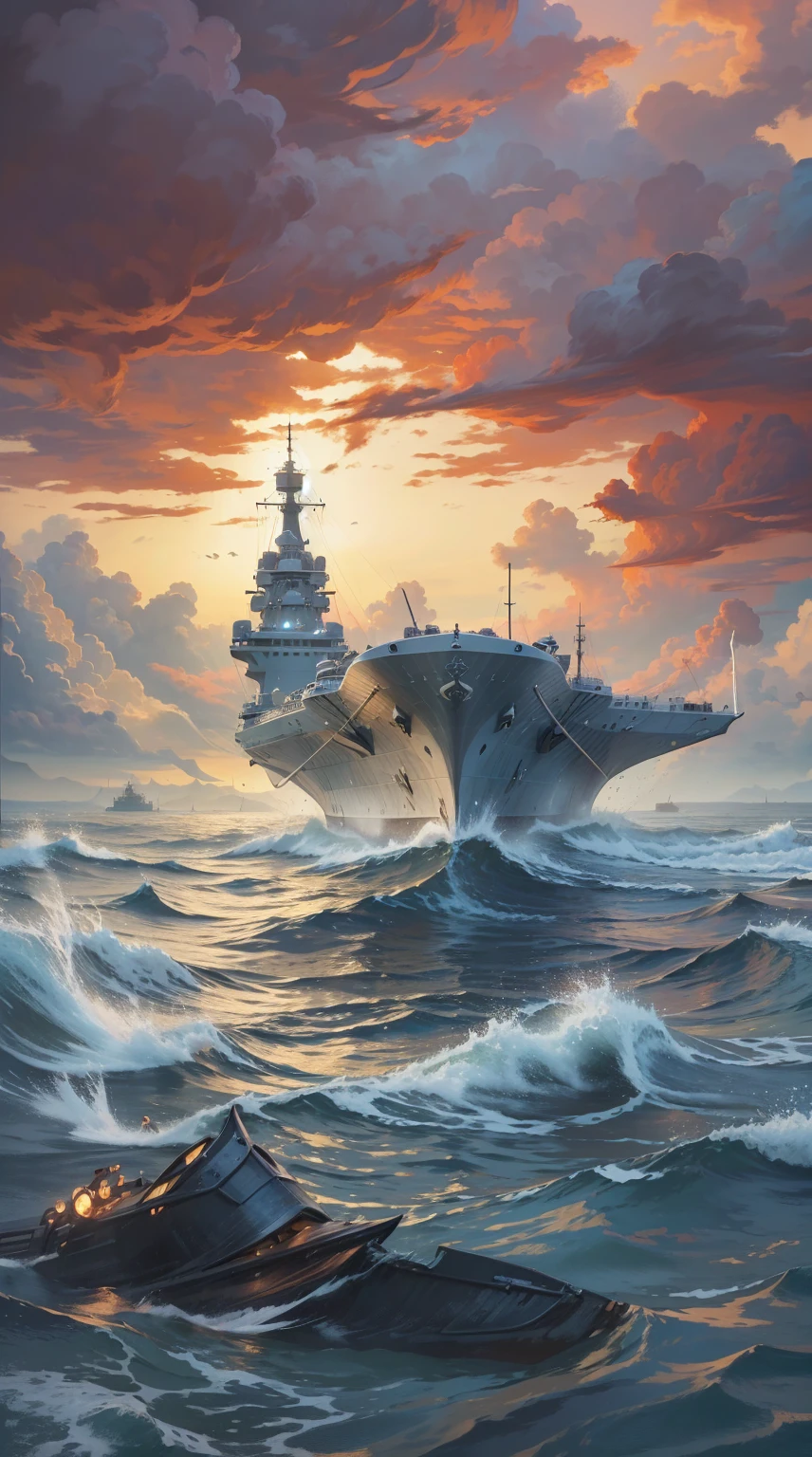 A warship parked in the middle of the water, masterpiece, best quality, (Extremely detailed CG unity 8k wallpaper), (best quality), (Best Illustration), (Best shadow), absurd, Realistic lighting, (abyss), Beautiful and delicate light, Artworks by Peter Mohr Bacher.