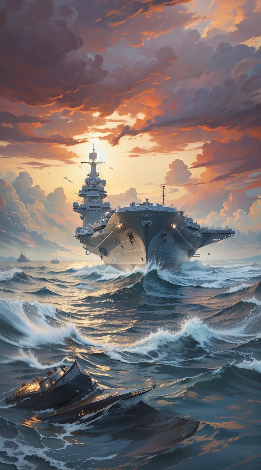 A warship parked in the middle of the water, masterpiece, best quality, (Extremely detailed CG unity 8k wallpaper), (best quality), (Best Illustration), (Best shadow), absurd, Realistic lighting, (abyss), Beautiful and delicate light, Artworks by Peter Mohr Bacher.