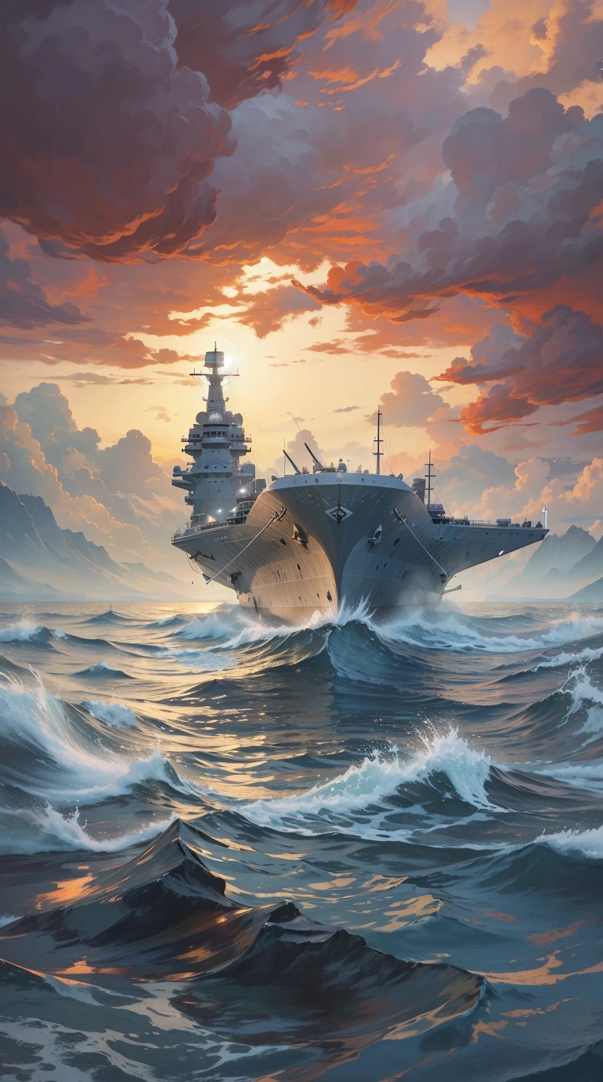 A warship parked in the middle of the water, masterpiece, best quality, (Extremely detailed CG unity 8k wallpaper), (best quality), (Best Illustration), (Best shadow), absurd, Realistic lighting, (abyss), Beautiful and delicate light, Artworks by Peter Mohr Bacher.