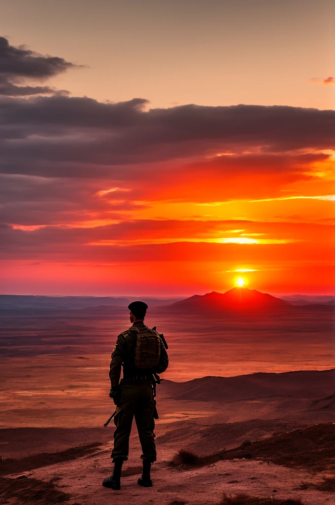 The background is surrounded by a deep red sunset，A male soldier stands on a hill with his back to the screen and facing the sun。