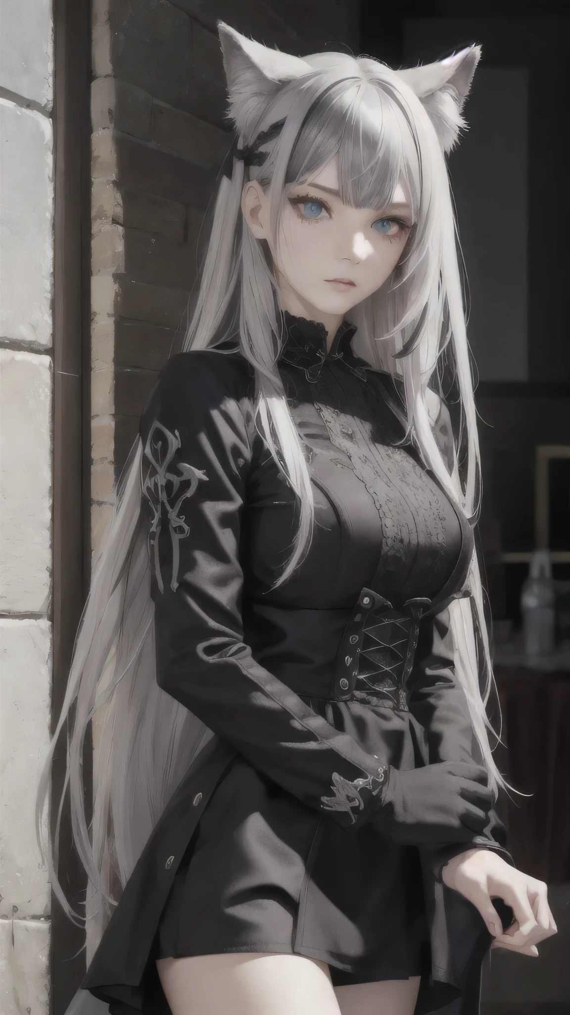 One Girl, Multicolored Hair, (Black and gray hair),Mullet, Wolf,black gothic dress,Detailed eyes,Heterochromia iridis,Realistic,
