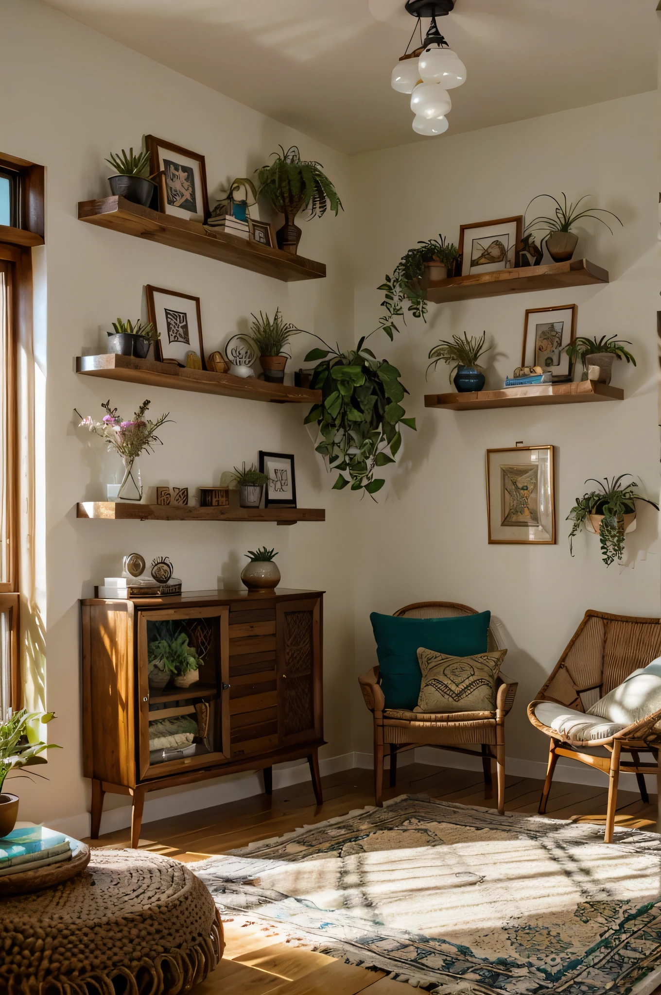A living room with floating wall shelves displaying boho decor items.