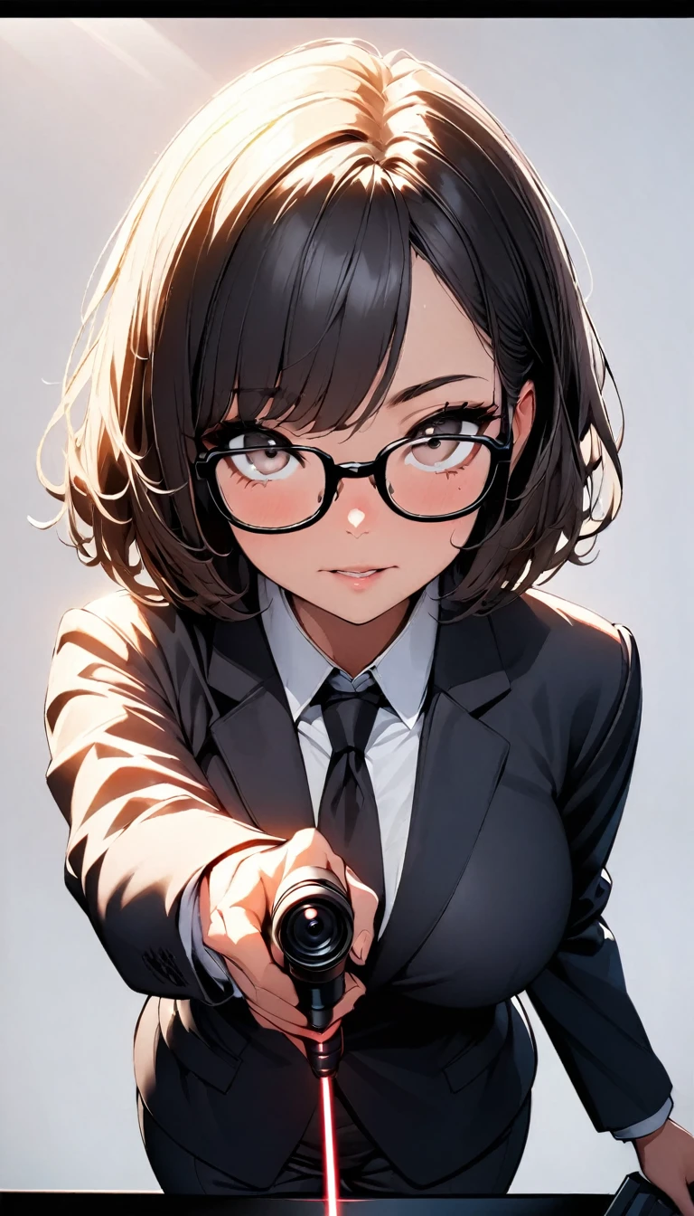 (highest quality:1.2, Very detailed, up to date, Vibrant, Ultra-high resolution, High Contrast, masterpiece:1.2, highest quality, Best aesthetics), Portraiture、girl、solo, ((25-years-old:1)), Bright colors、Beautiful fine details、Beautiful lip detail, short hair、black hair, ((Long bangs:1)), (messy hair:1), brown eyes, (thick black frame glasses:1.3), suit, making presentation, holding laser pointer, ((slim body:0.6)), (big breast:0.7), (white background:1.5), ((no background)), (cowboy shot:1.8),facing viewer, POV