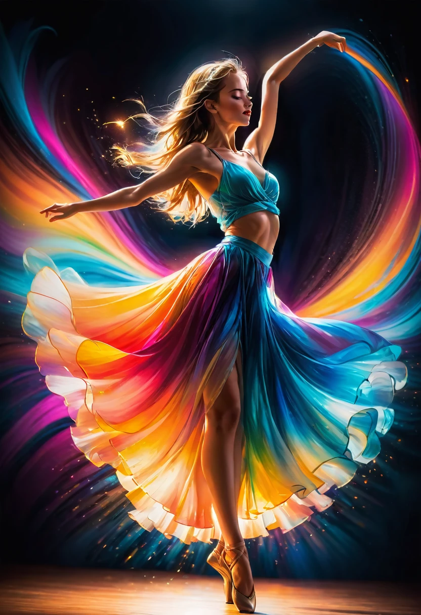 Dancing girl, color space, full-body shot, backlight, long exposure, dynamic blurring, vivid colors, abstract background, graceful dance, focused expression, flowing skirt, modern art style.,,in clothes