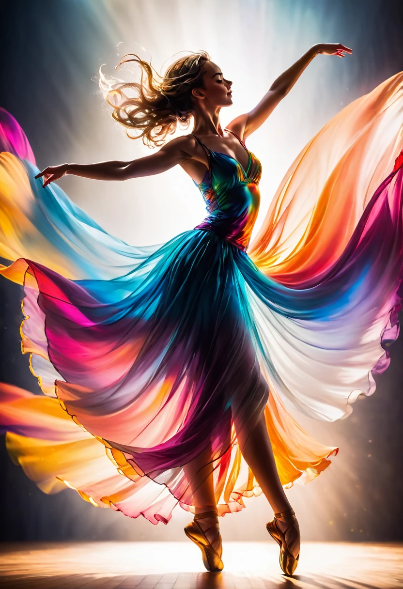 Dancing girl, color space, full-body shot, backlight, long exposure, dynamic blurring, vivid colors, abstract background, graceful dance, focused expression, flowing skirt, modern art style.,,in clothes