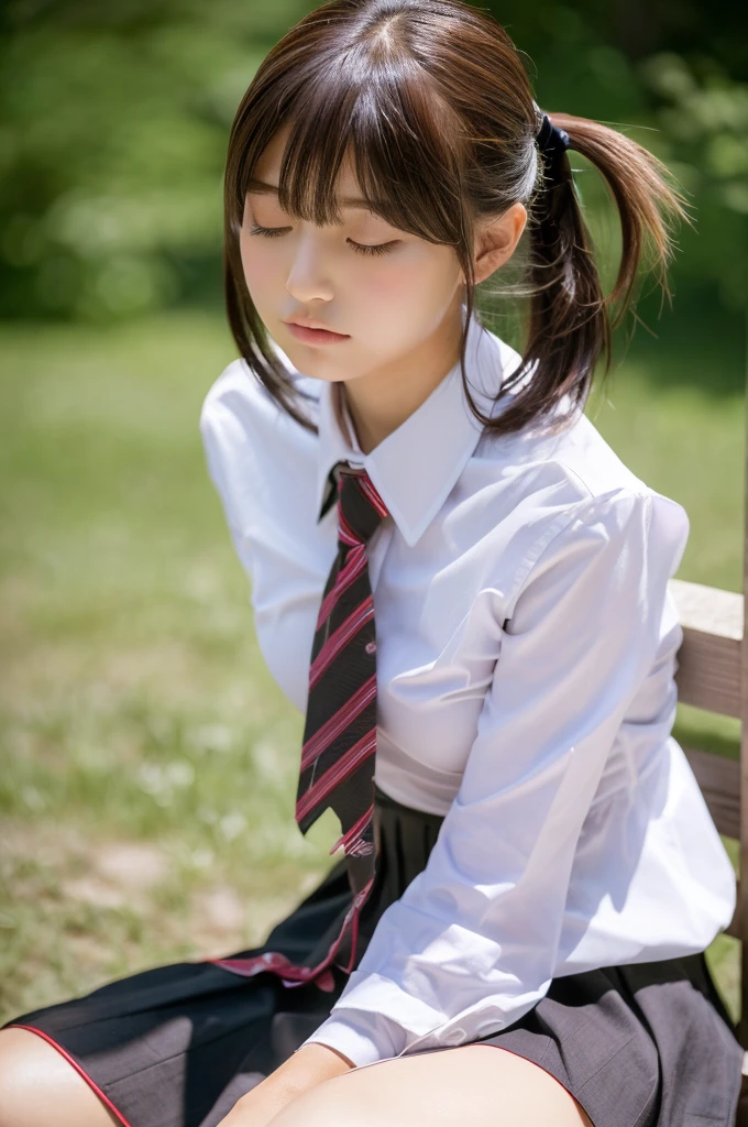 ((highest quality, masterpiece :1.3)), Photorealistic、Ultra-high resolution、Natural skin texture、Hyperrealism、Photograph from the knee up、Japan beautiful girl at 18 years old、Twin tail hair、well-shaped breasts、Tight white collared shirt and tie、Ultra mini skirt、It hurts so much I close my eyes、A painful and enduring expression