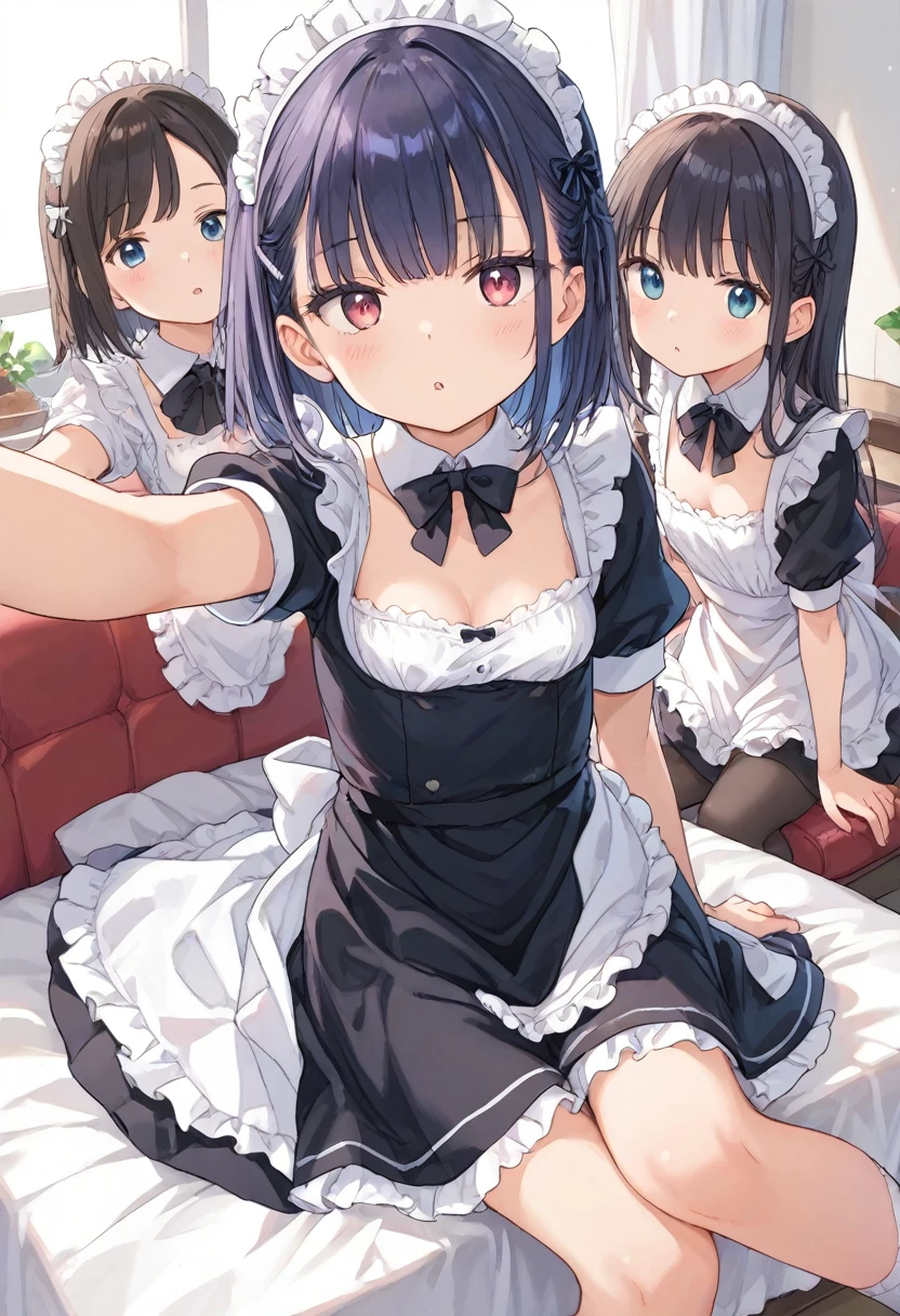 score_9, 1girl, (diverse facial features:1.2), cleavage, clothes lift, small breasts, sitting, on side, maid, maid suits, skinny, looking at viewer, parted lips, (expressive eyes:1.2), selfie, reaching out