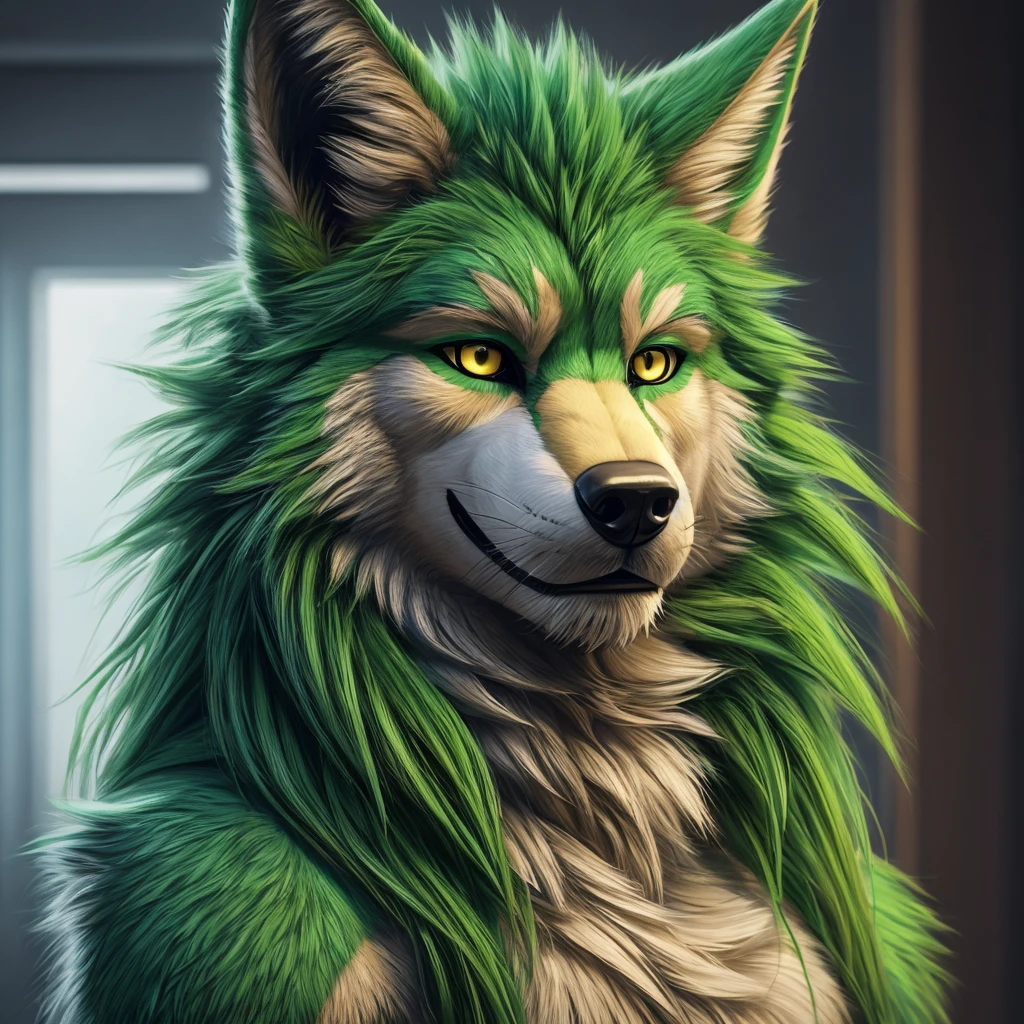 anthro green wolf with fur, man furry detailed fur long fur long hair realistic fur digital art, araffe with green hair and yellow eyes, headshot of young male furry, fursuit, furry fursona, furry character portrait, fursuit!!!!, pov furry art, furry artist, furry character, fursona!!!!, furry shot, holo is a wolf man, portrait of an anthro wolf, handsome weasel fursona portrait
