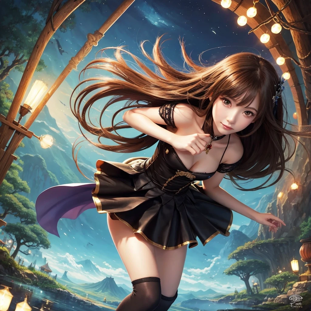 masterpiece, best quality, 1 Girl, Solitary, (( female)), Round pupil, long hair, hair, Princess, Black skirt, fantasy, Happy, Looking at the audience, cartoon, Japanese cartoons, (painting)