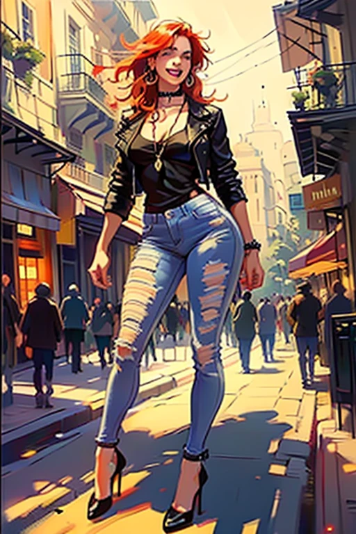 New Orleans, French Quarter. ((full body:1.1)),(playful, laughter:1.3).,(ultra realistic illustration:1.3).Sexy 23yo French woman, dyed red hair, green eyes. fit, natural perky breasts, perfect round ass, (suntan). (bangs, long hair:0.8), smoky eye, mascara, choker, leather jacket, Mardi Gras beads, indigo lace tank top, jeans, high heels. Masterpiece, best quality,(highly detailed:1.2),(detailed face and eyes:1.2), 8k wallpaper, depth of field, natural lighting. core shadows, high contrast, bokeh.(rule of thirds), cinematic, atmospheric, contrast, intricate