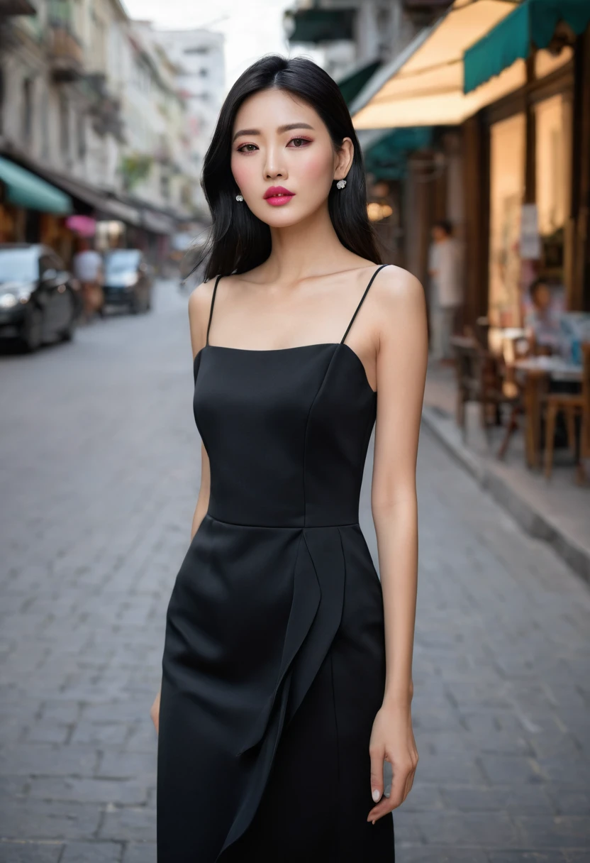 ((chinese woman, she is a professional fashion model, 30 years old, has stylish atmosphere)), wearing stylish black dress, standing at street, black medium hair, black eyes, closed mouth, pink lips, ((Slanted Eyes, Hanging eyes, small eyes, narrow eyes:1.2)), (No-makeup look:1.2), photo that captures the sharp gaze of a woman standing on a street, ((high-quality, hyper realistic, photorealistic, 8K, best quality, 4k, highres, masterpiece:1.5)), ultra-detailed, (realistic, photorealistic, photo-realistic:1.37), HDR, UHD, ultra-fine painting, sharp focus, physically-based rendering, extreme detail description, professional,