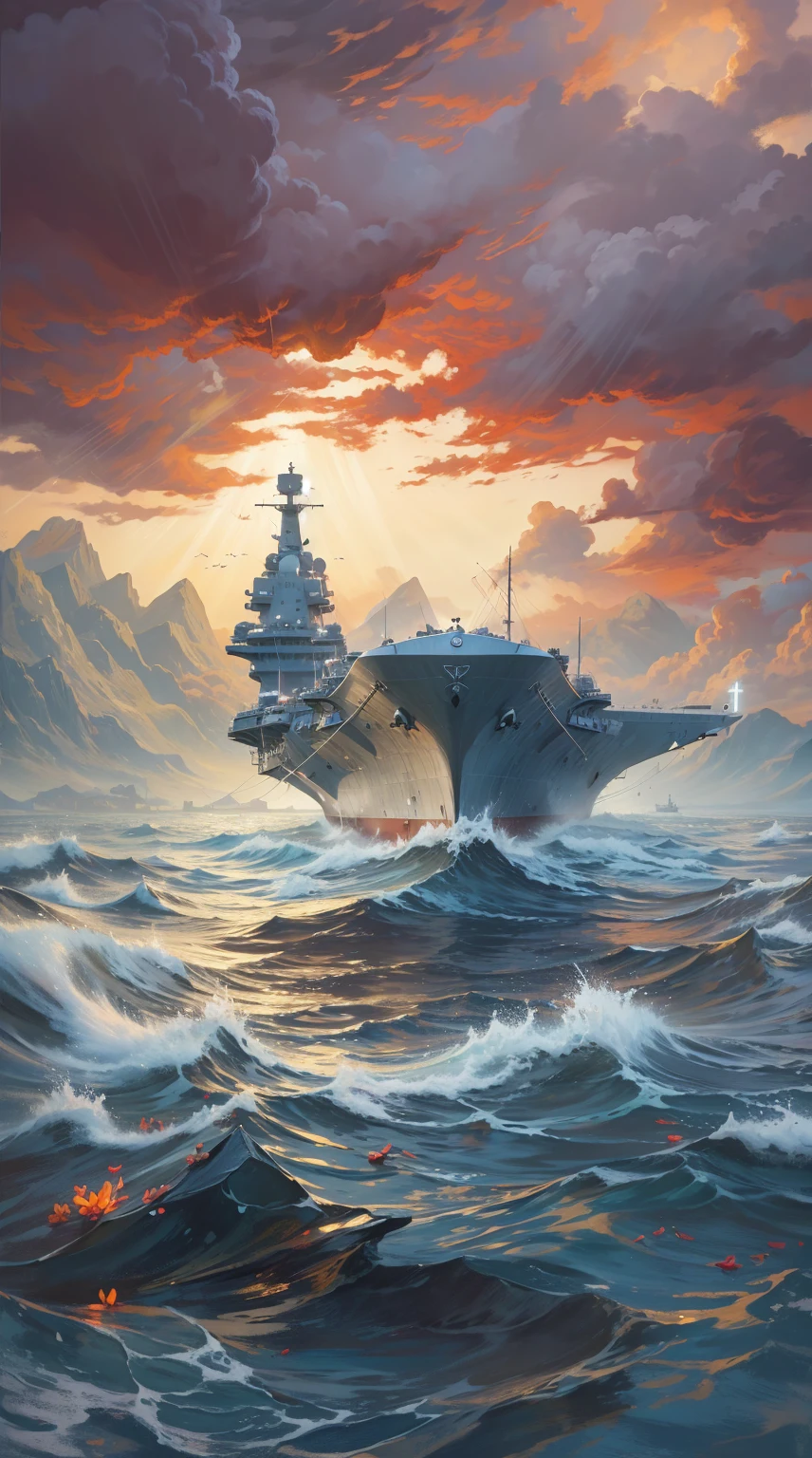 A warship parked in the middle of the water, masterpiece, best quality, (Extremely detailed CG unity 8k wallpaper), (best quality), (Best Illustration), (Best shadow), absurd, Realistic lighting, (abyss), Beautiful and delicate light, Artworks by Peter Mohr Bacher.