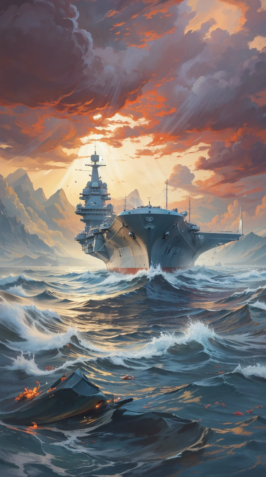 A warship parked in the middle of the water, masterpiece, best quality, (Extremely detailed CG unity 8k wallpaper), (best quality), (Best Illustration), (Best shadow), absurd, Realistic lighting, (abyss), Beautiful and delicate light, Artworks by Peter Mohr Bacher.