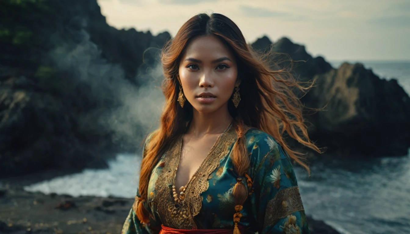 portrait of indonesian woman in year 1975 (traditional attire), cinematic realism, high action full body pose, badass, busy, insanely detailed sea background, littered, chaos, cinematic portrait photography, Kodachrome, perfect pupils, insanely detailed faces, intricately detailed disco location, film grain, HD, 8k, volumetric lighting, chiaroscuro, sfumato, (skin textures), cinematic portrait photograph, dimly lit, cool colors, hair backlighting, ear backlighting, volumetric lighting, Kodachrome, 8K, film grain, perfect eyes, perfect pupils, expressive eyes, hands by Albrecht Durer, smoke, particle fx, mist, fog