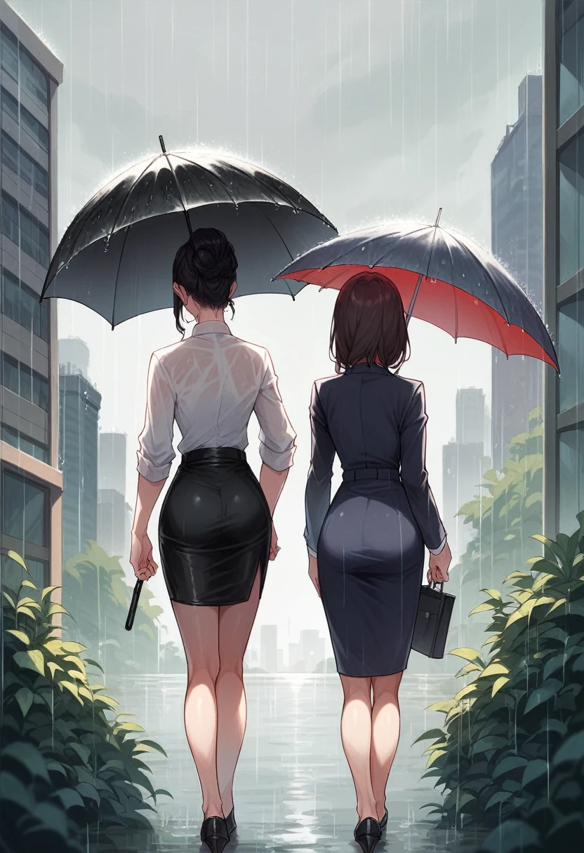(holding an umbrella, common umbrella), black umbrella,  2 girls,  pair, rain, cityscape, (Behind), look through, Bodycon pencil skirt, Office lady, lush, 