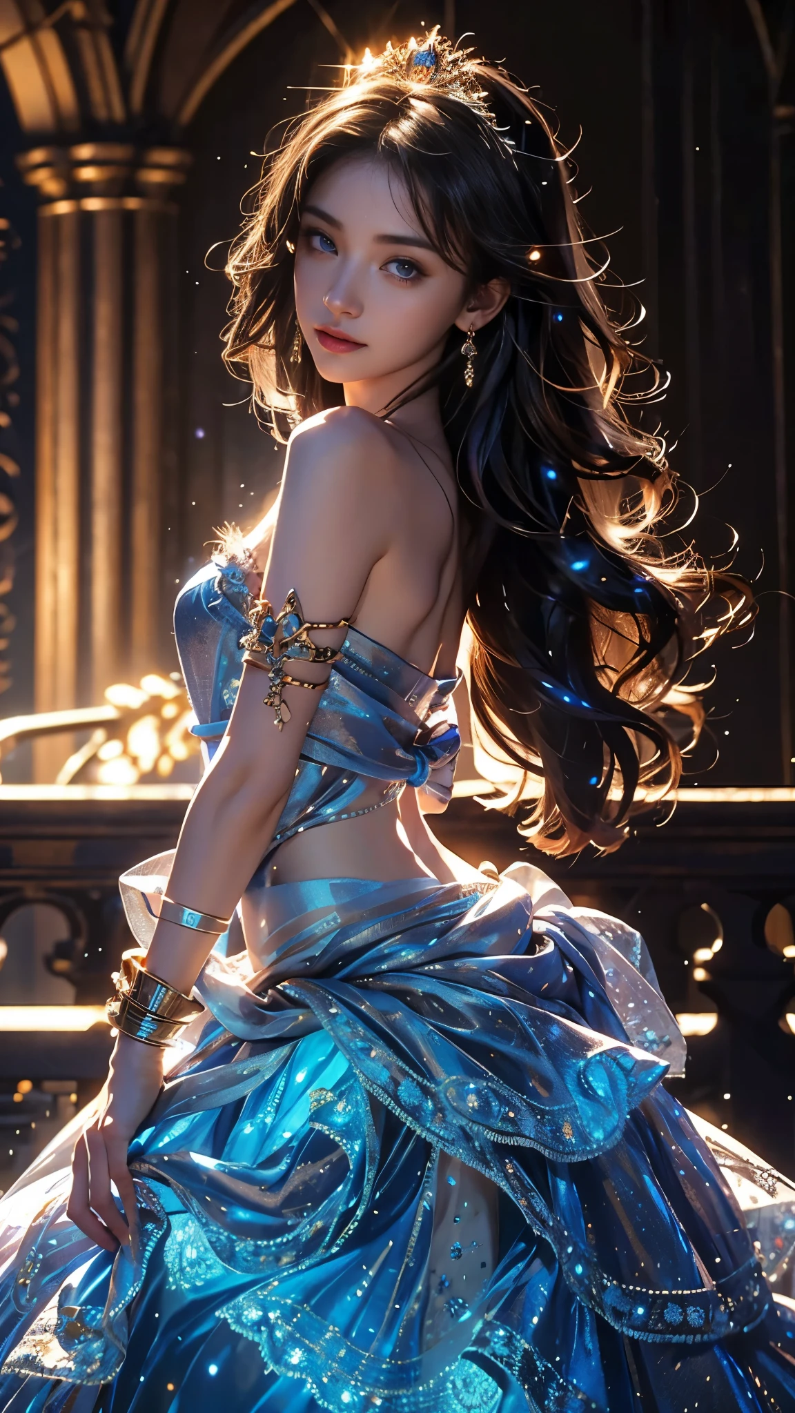8K, UHD, Masterpiece, extreme quality, 1 girl, good face, detailed eyes, very long hair, detailed lips, small breasts, detailed empress fantasy dress, blue fantasy dress, ((glowing dress:1.4)), lace, (bare waist:1.5), flowing sardine, beautiful fantasy, fantasy empress, beautiful alluring Realistic art, shining skin, in the balcony, Realistic shadow, depth of field, ray tracing, god rays, bloom, bokeh effect,