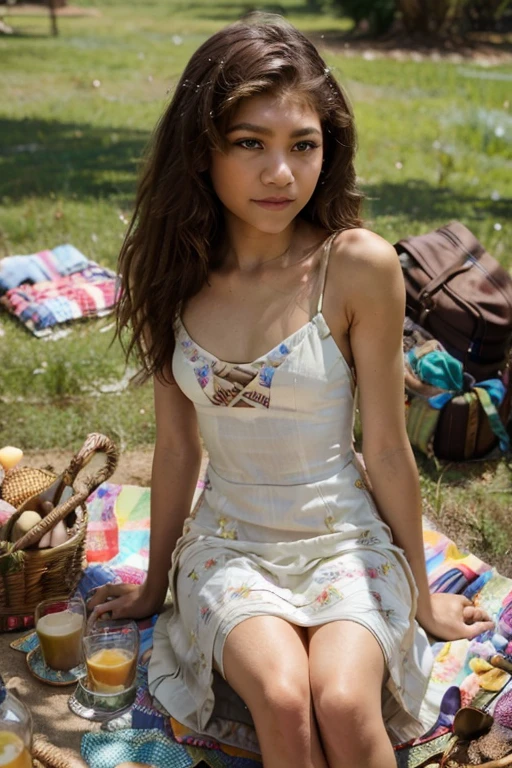 a portrait photo of Zendaya sitting at a picnic, wearing a sundress, best quality