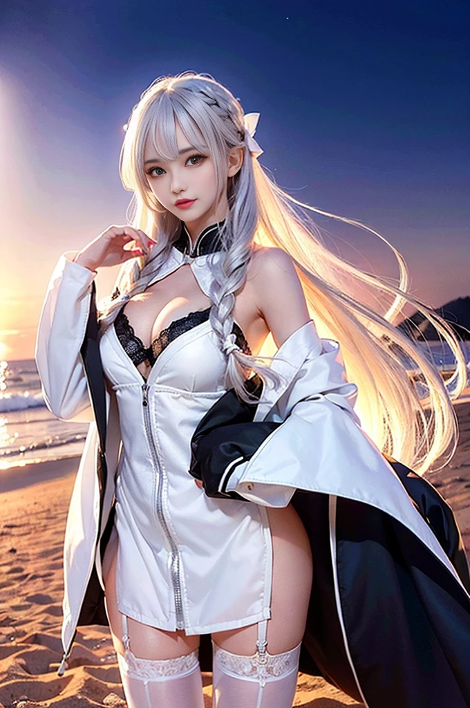 tmasterpiece, Best quality at best, eventide, On the sandy beach, humongous large breast_filesize, the wallpaper, girl, a beauty girl, , Very long hair, White hair, Hair hanging down, Drill your hair, Double up braid, white hair ribbon, perfect bodies, nose blushing , Angry, eyelid pulling , white colored eyelashes, Heterochromia , heart in the eyes, hand on her own chest, Bigchest, Squat, back-to-back, White dress, robe, capes, Crop top, Black garter belt, Lace-trimmed tights, chain, ,