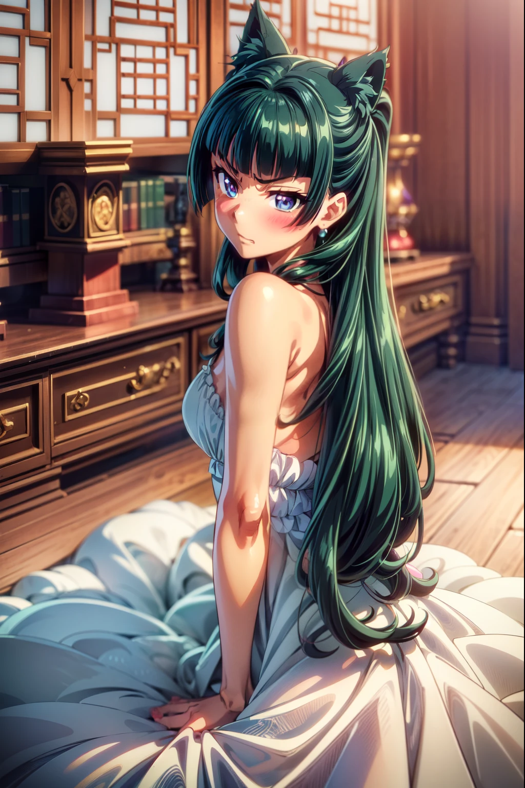 (Masterpiece, High Quality, Top quality, High-Detailed, Detailed CG, Cinematic Shadow, Cinematic Scene, Beautiful Detailed Eyes, Ultra Resolution, Depth of Field, High Resolution, Masterpiece: 1.2), Anime art style, Very detailed, Dynamic Angle, Teen Style, Detailed Green Hair, Detailed Blue Eyes, Slim Body, Cat Ear, Sparkling Eyes, Hair Accessory, Earrings, Slightly Blunt Bangs, Looking at the Audience, (Blush Expression:1.2), (Angry Expression:1.2), (Dark Green Hair), Purple Eye, Five Fingers, Good Composition, Arms, Thighs, Medium Breasts, Medium Size Breasts, Blur Background, Chinese Architectures