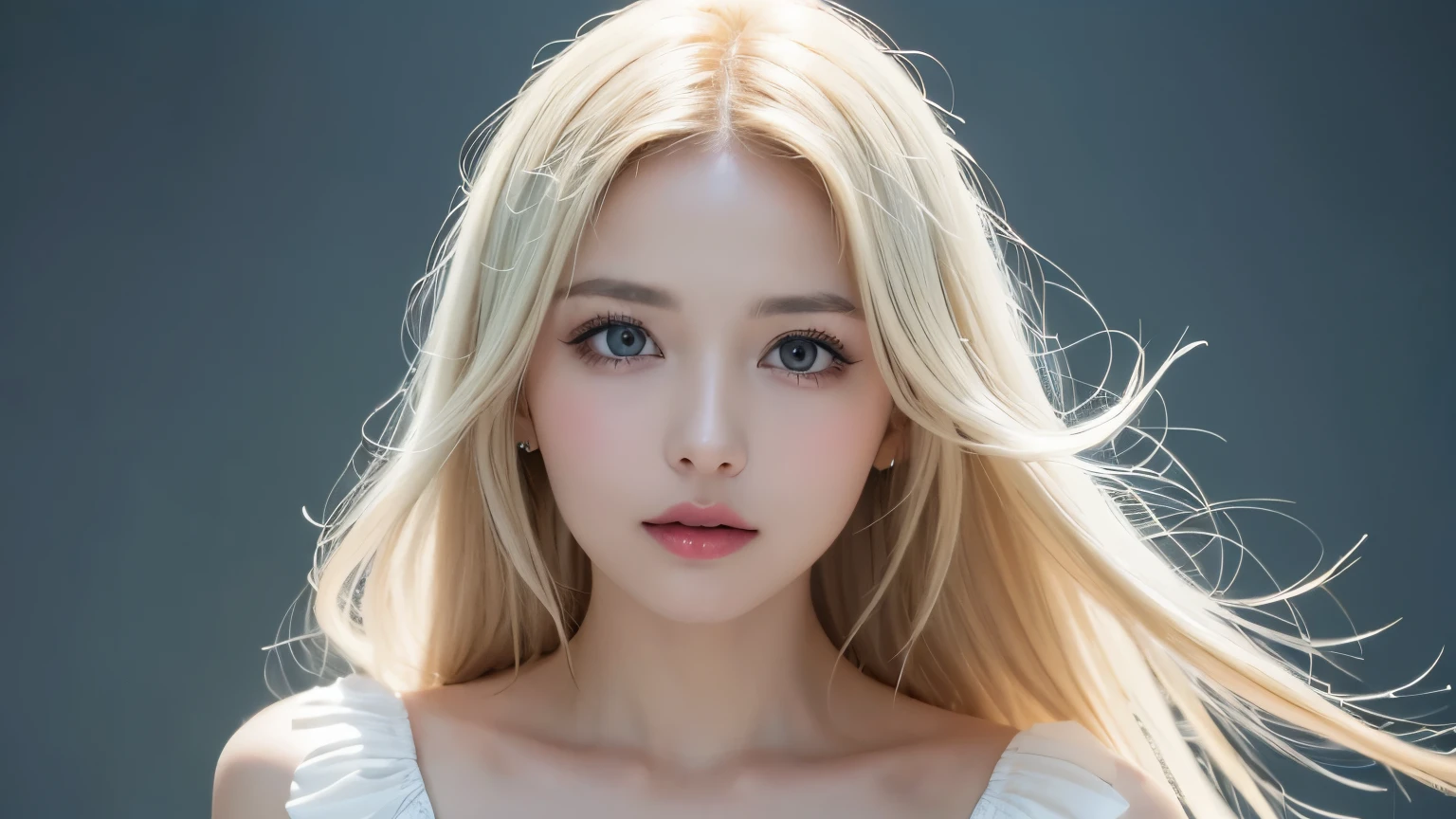 (((forehead、Extreme pose、A calm face、white dress、White Blonde Hair、Waist-length hair、Northern Europe、White、beautiful girl、Blonde、White background、cute、Young、True Face、Shiny Hair、whole body)))、table top, highest quality, figure, super detailed, finely, High resolution, 8k wallpaper, Perfect dynamic composition, detailed and beautiful eyes, Deco out,bionde, medium hair, big breasts, Natural color lip,white background, random cute poses,frill dress