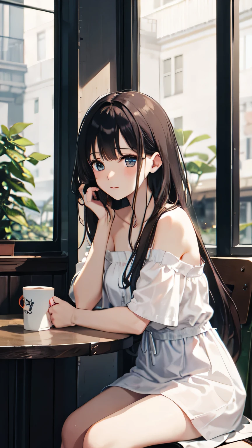 ((best quality)), ((masterpiece)), (detailed), 1girl, sexly,Summer afternoon、A beautiful girl wearing an off-the-shoulder dresove to a cafe with a novel in hand。I sat down at a table by the large window in the cafe.、I start reading while watching the thunderstorm outside.。There were other customers in the cafe.、There are hushed conversations and the hum of the coffee machine.。The soft cafe lighting softly illuminates her hair and dress.、With soothing jazz music playing、She continues to turn the pages quietly.。Her expression is calm、Enjoying a calm moment with the sound of thunder in the background。