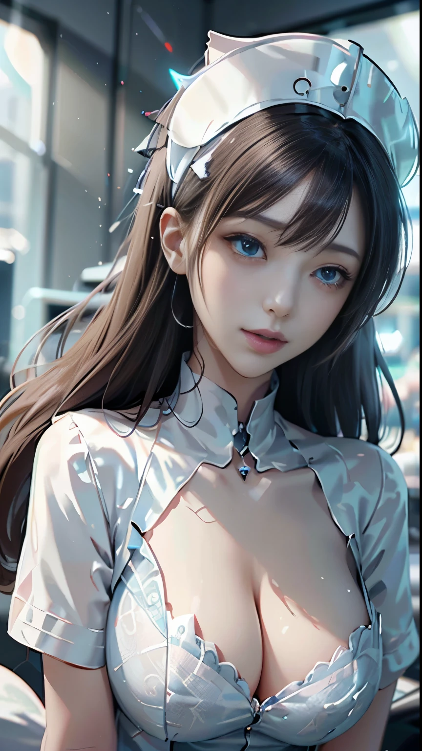 A translucent and mysterious robotic nurse girl,Futuristic Nurse, Mechanical joint,Futuristic city background,Model shooting style, (Highly detailed CG Unity 8k wallpaper), The beauty of abstract stylization,,Surrealism, 8k, Super Detail, Highest quality, Awards, Anatomically correct, 16K, Super Detail, (Beautiful face and eyes, double eyelid,Delicate skin,Cool Beauty,Tall Girl ,Slim figure, Nurse uniform, nurse cap),Large Breasts